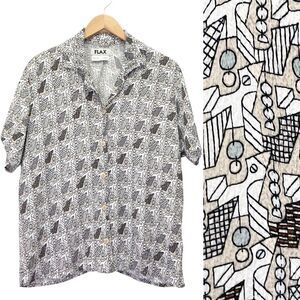 Flax Crinkled Camp Shirt Mod Print Neutral Dodo Button Front Top Size Medium